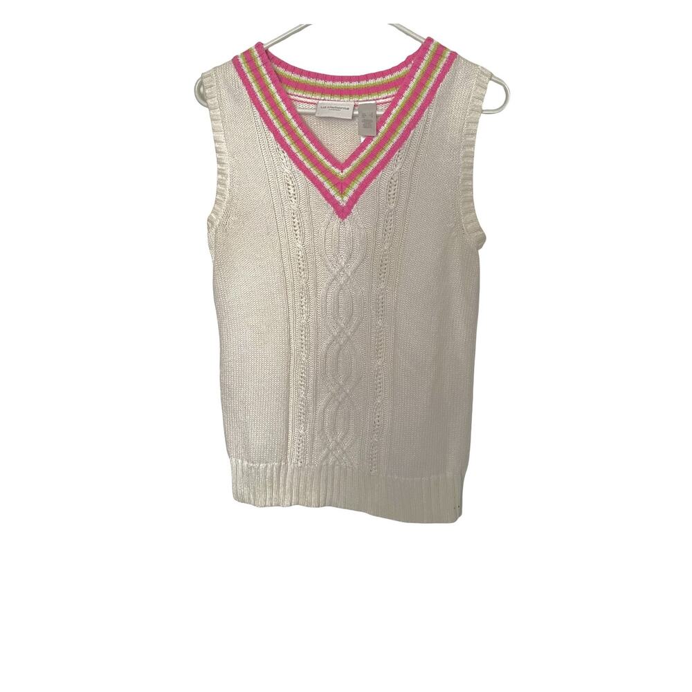 Liz Claiborne Sweater Vest Size S White Sleeveless V-Neck Preppy Vintage Y2K